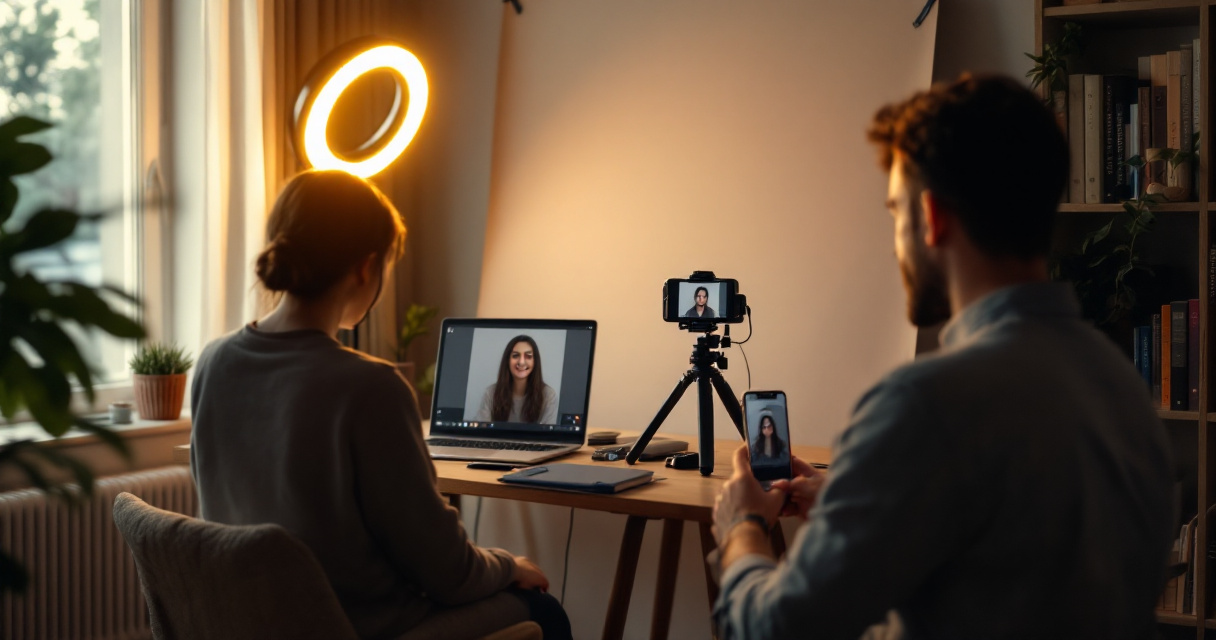 Remote professional setting up a home studio with window light and ring light for a headshot