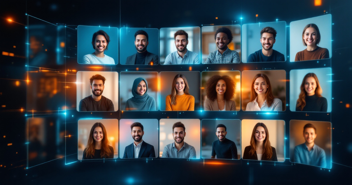 Unified professional headshots of remote team members displayed consistently in a modern virtual environment