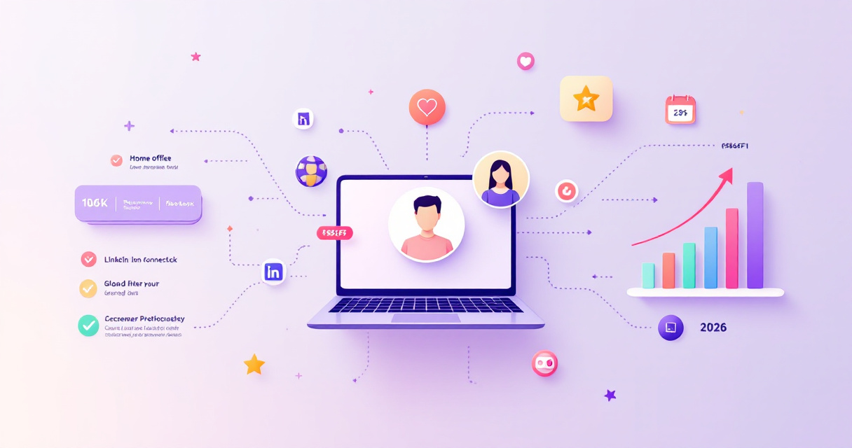 Infographic illustration showing remote work professional headshot concepts with laptop, avatar icons, connection networks, and step-by-step visual flow in modern indigo and pastel color scheme