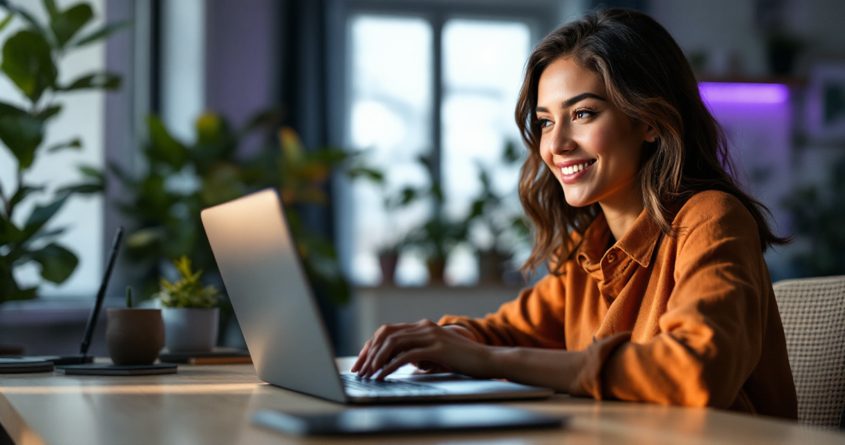 Remote worker in modern home office with professional lighting setup for video calls and headshots