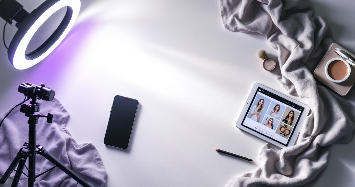 Headshot photography equipment and preparation tools arranged for professional remote worker photo session