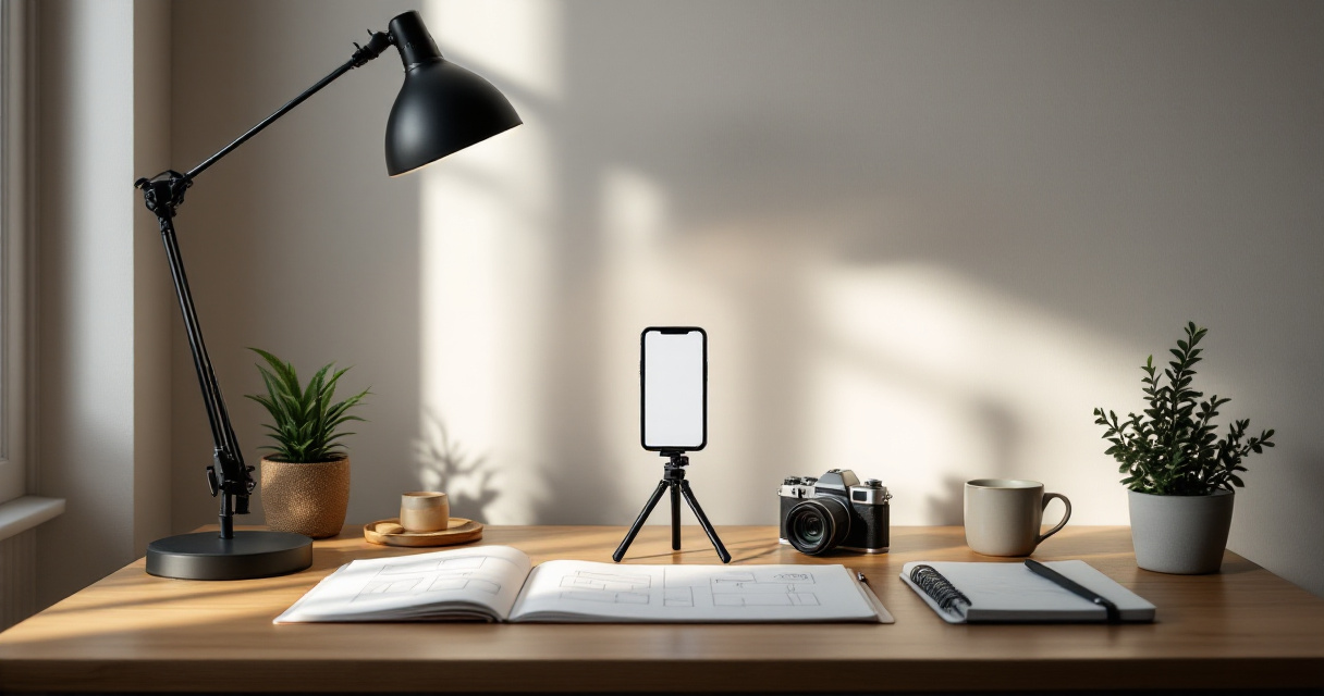 Carefully arranged desk setup planning a professional AI-generated Instagram profile photo