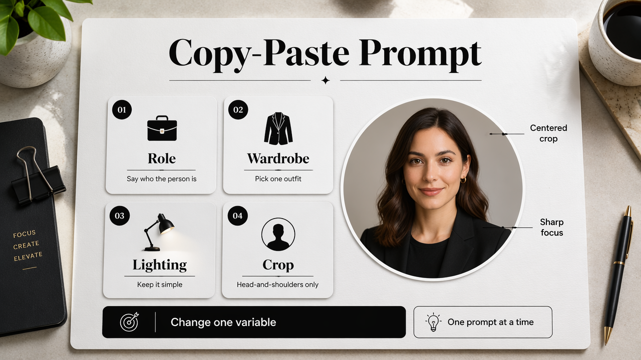 Infographic showing a copy-paste Instagram profile photo prompt with key variables.