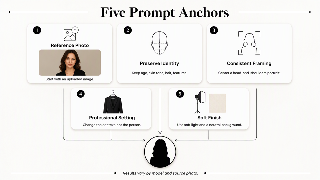 Infographic showing five anchors for consistent, professional AI-generated Instagram portraits.