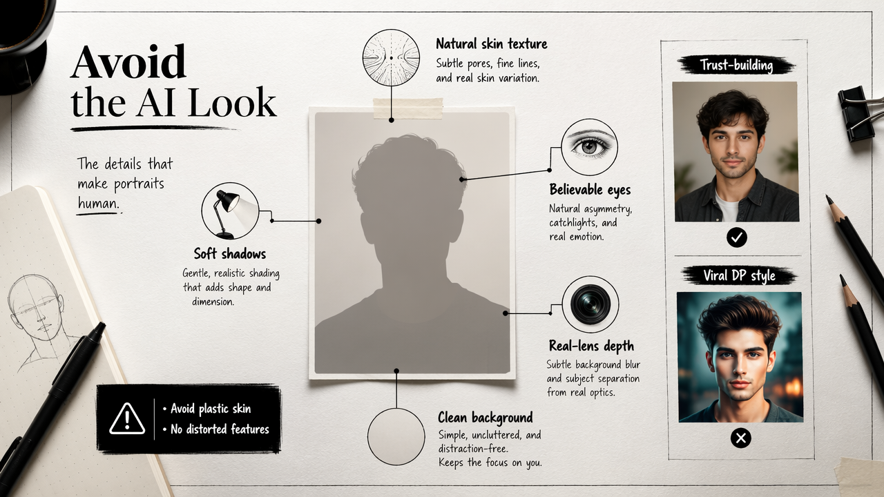 Annotated diagram of prompt details that prevent an AI-looking profile photo.