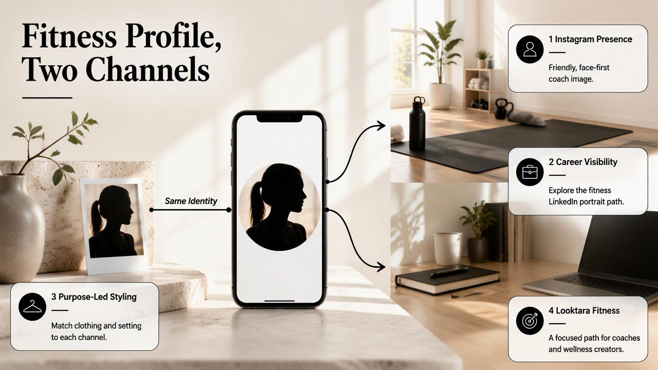 Annotated fitness portrait diagram connecting one identity reference to Instagram and LinkedIn profiles.