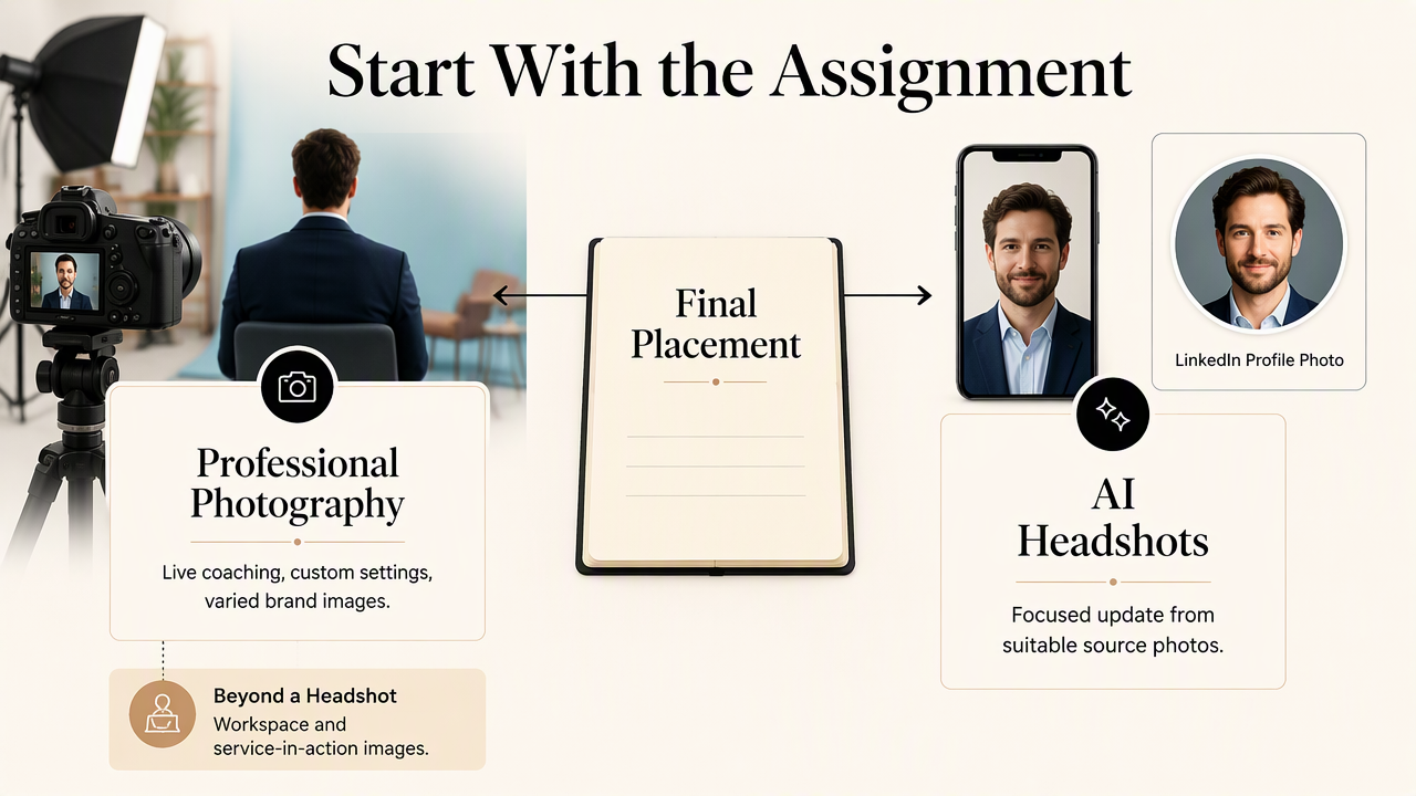 Decision diagram comparing photographer-led brand imagery with focused AI headshots for a profile photo.