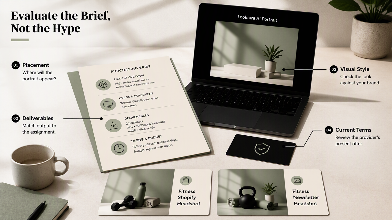 Looktara comparison workflow showing placement, style, deliverables, terms, and focused fitness portrait options.