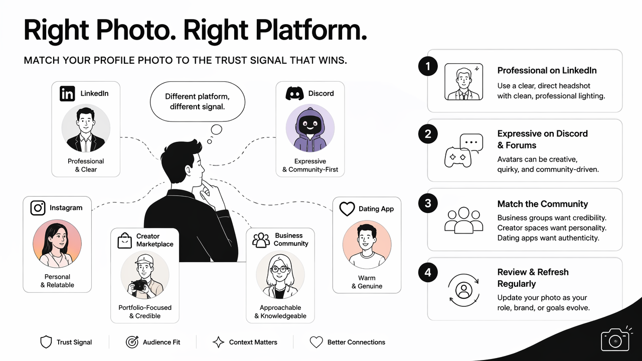 Illustration for How should online community profile photos differ by platform?