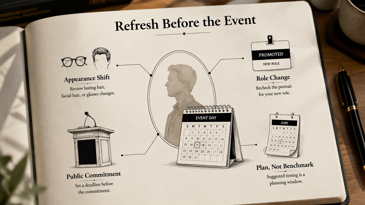 Profile photo refresh triggers shown as appearance changes, role shifts, public commitments, and event-based planning.