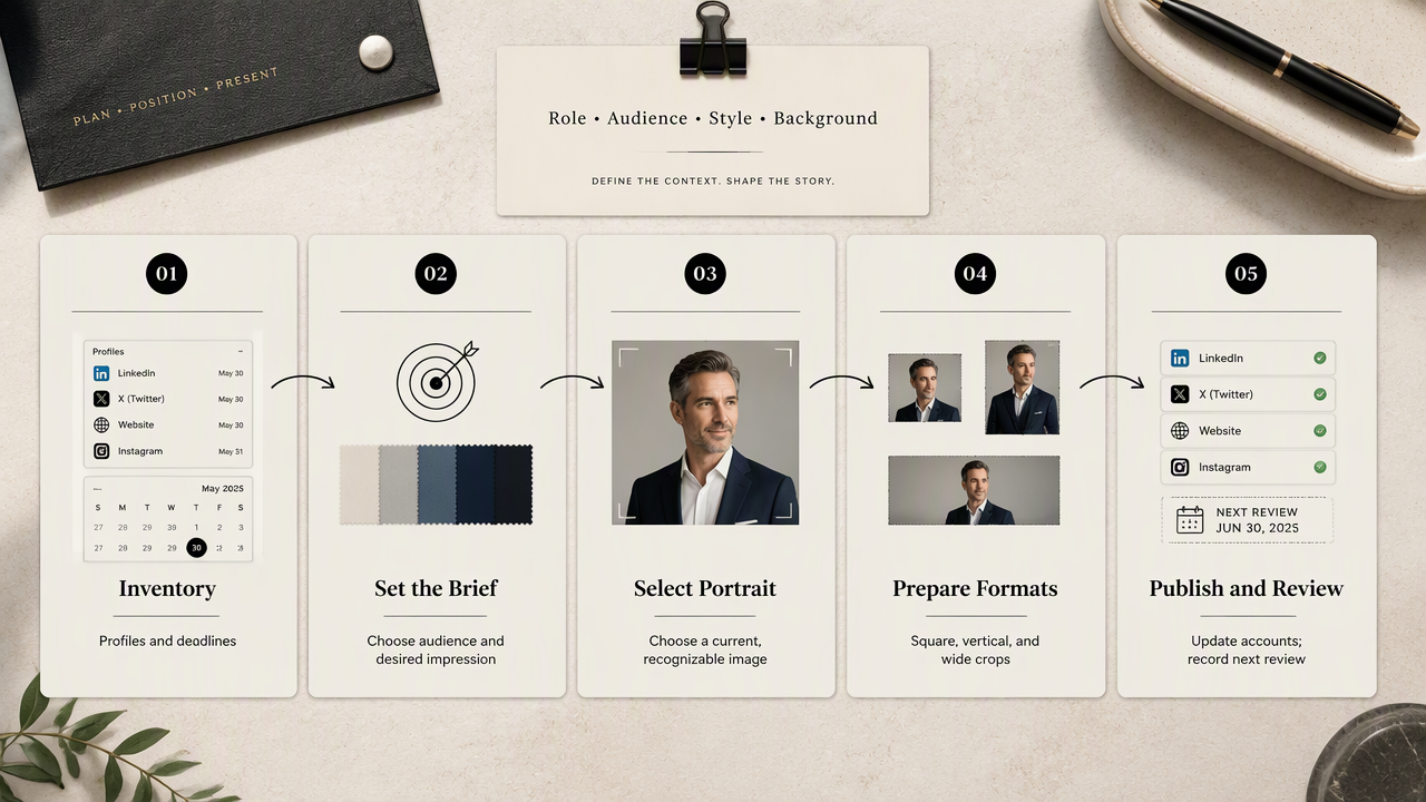 Five-step photo refresh workflow for profile inventory, portrait selection, platform crops, publishing, and review dates.