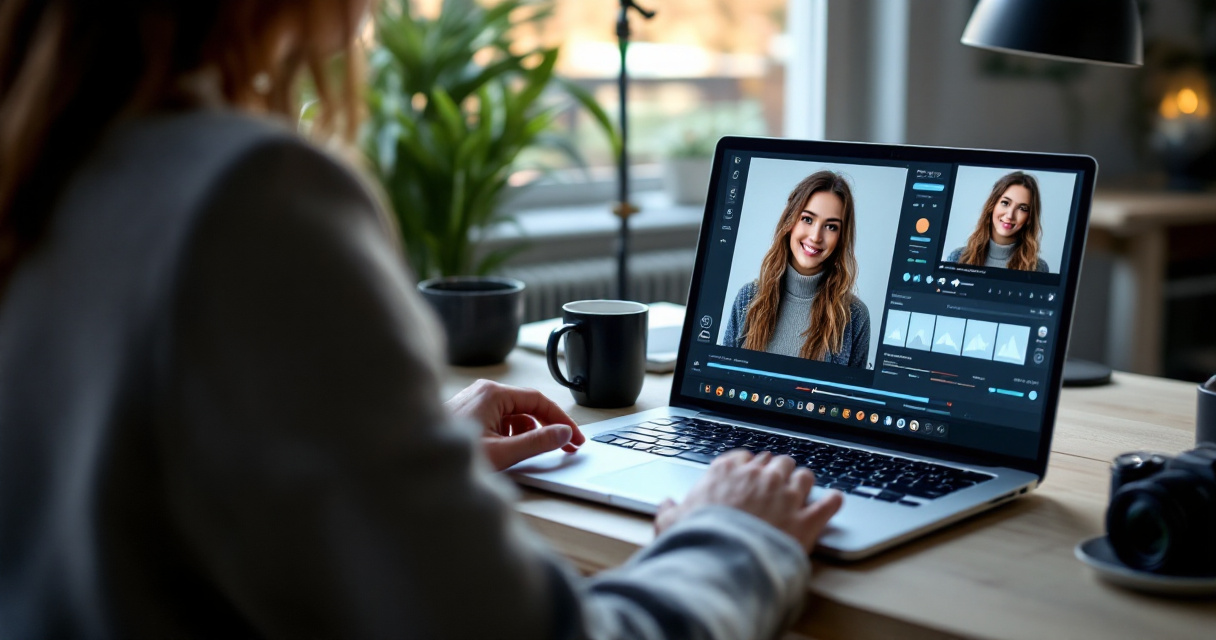 Over-the-shoulder workspace showing AI-assisted portrait editing for a professional Slack profile photo
