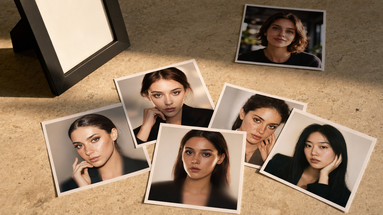 Tabletop comparison of flawed AI portraits that make Slack profile photos look unprofessional