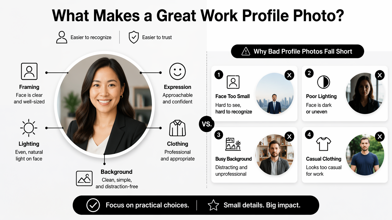 Illustration for Profile photo anatomy: crop, expression, wardrobe, and background