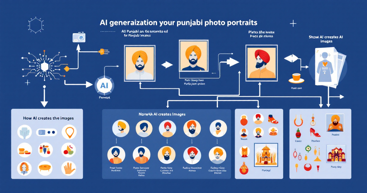 Infographic showing how AI generates Punjabi-style portraits with turbans and traditional clothing, including tools, visual elements, and future AI trends.
