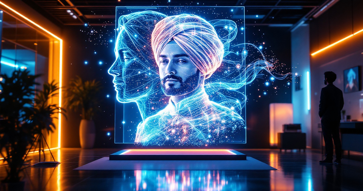 Futuristic AI system generating a Punjabi style portrait with holographic turban visualization