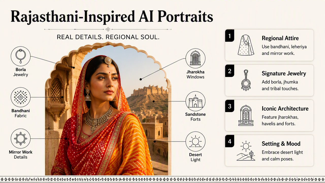 Illustration for Which Rajasthani details make AI portraits feel authentic?