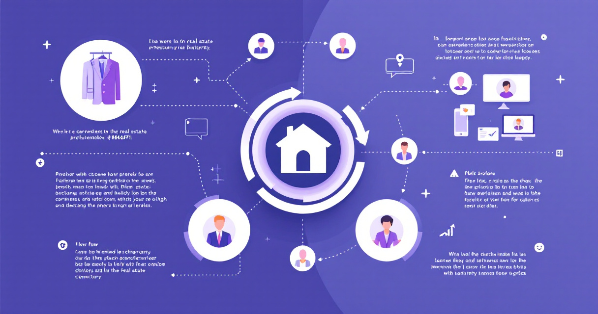 Infographic illustration showing real estate headshot photography concepts with camera, wardrobe, expression, and multi-device icons in indigo color scheme