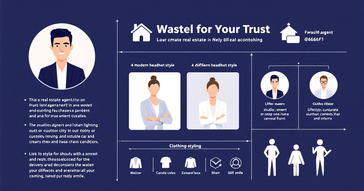 Modern infographic showing real estate agent headshot styles, poses, outfits, backgrounds, and AI headshot trends for building client trust.