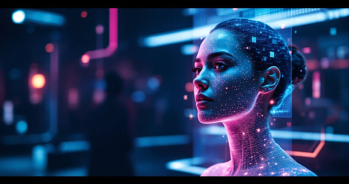 Futuristic AI system generating professional real estate headshot using advanced scanning and lighting