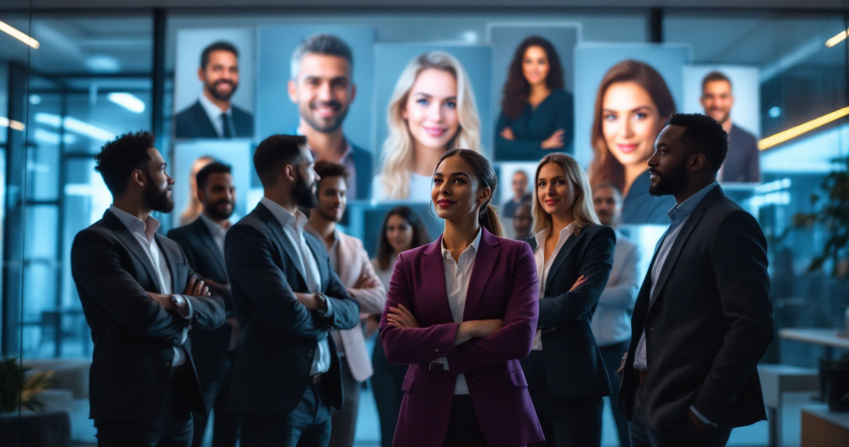 Unified team of recruiters with glowing professional portraits representing strong staffing agency employer branding