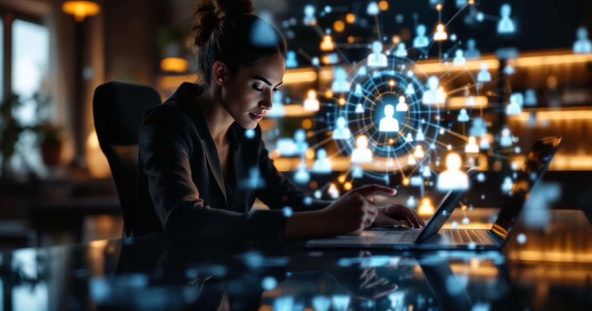 Recruiter optimizing professional profile with digital network and analytics elements surrounding headshot