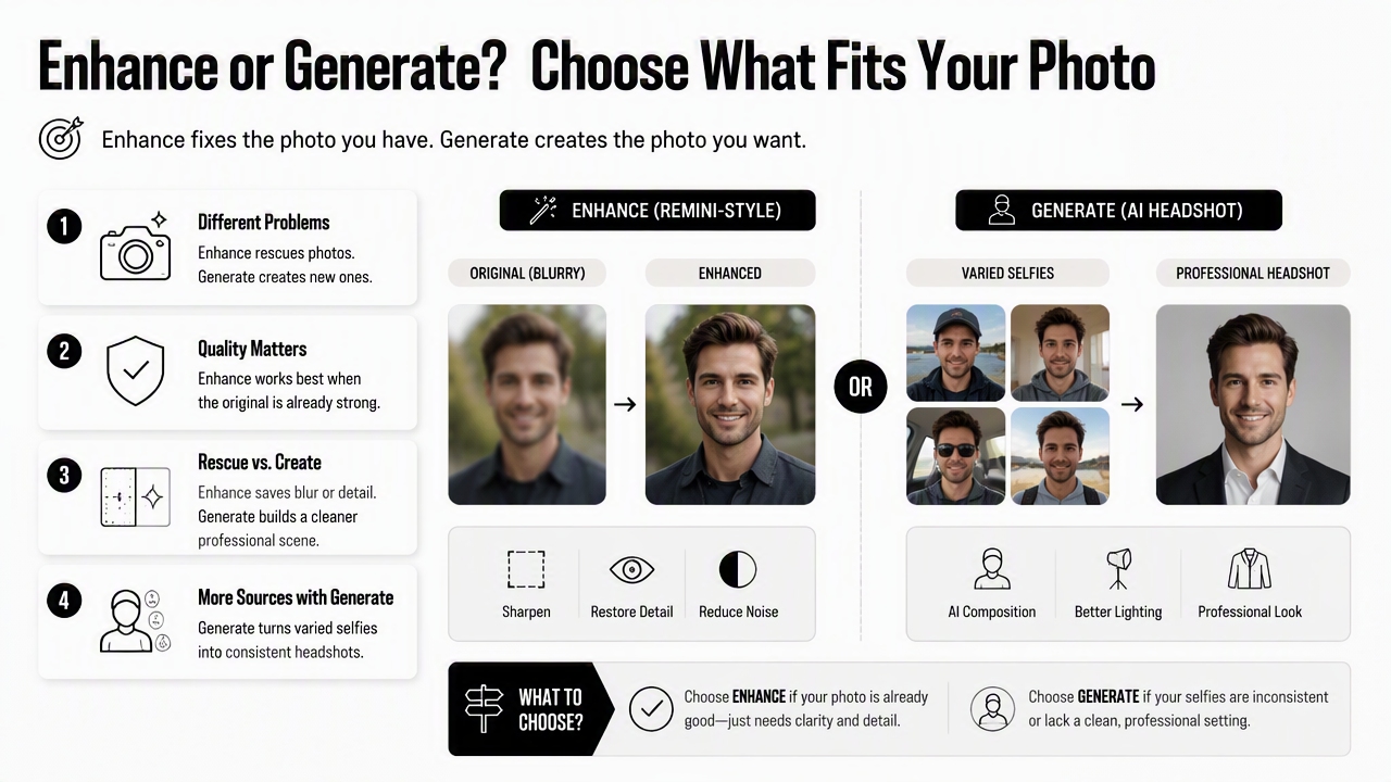 Illustration for Remini versus new photo generation for professional use