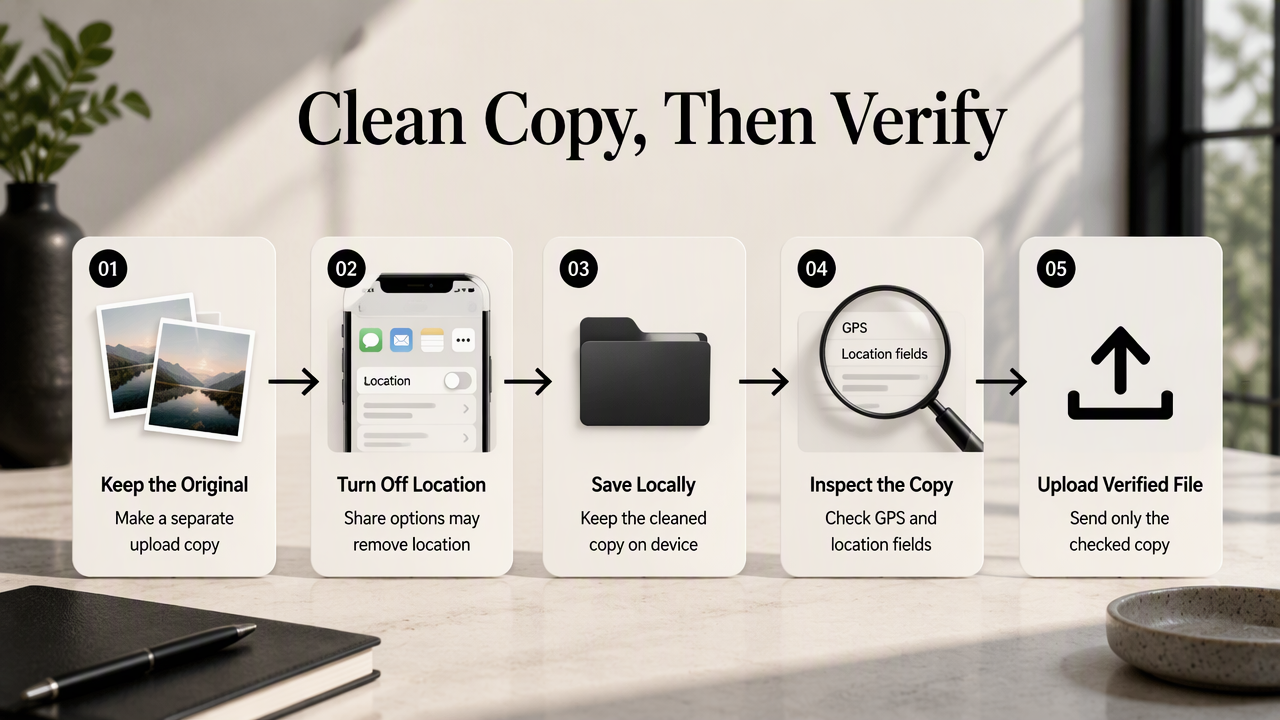 Five-step guide to preserving an original photo, removing location data, checking metadata, and uploading a verified copy.
