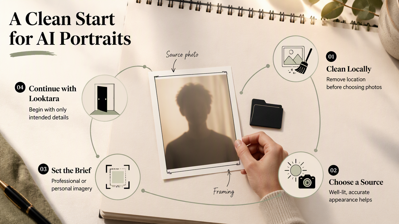Annotated workflow showing local photo cleanup, careful source selection, portrait framing, and the Looktara next step.