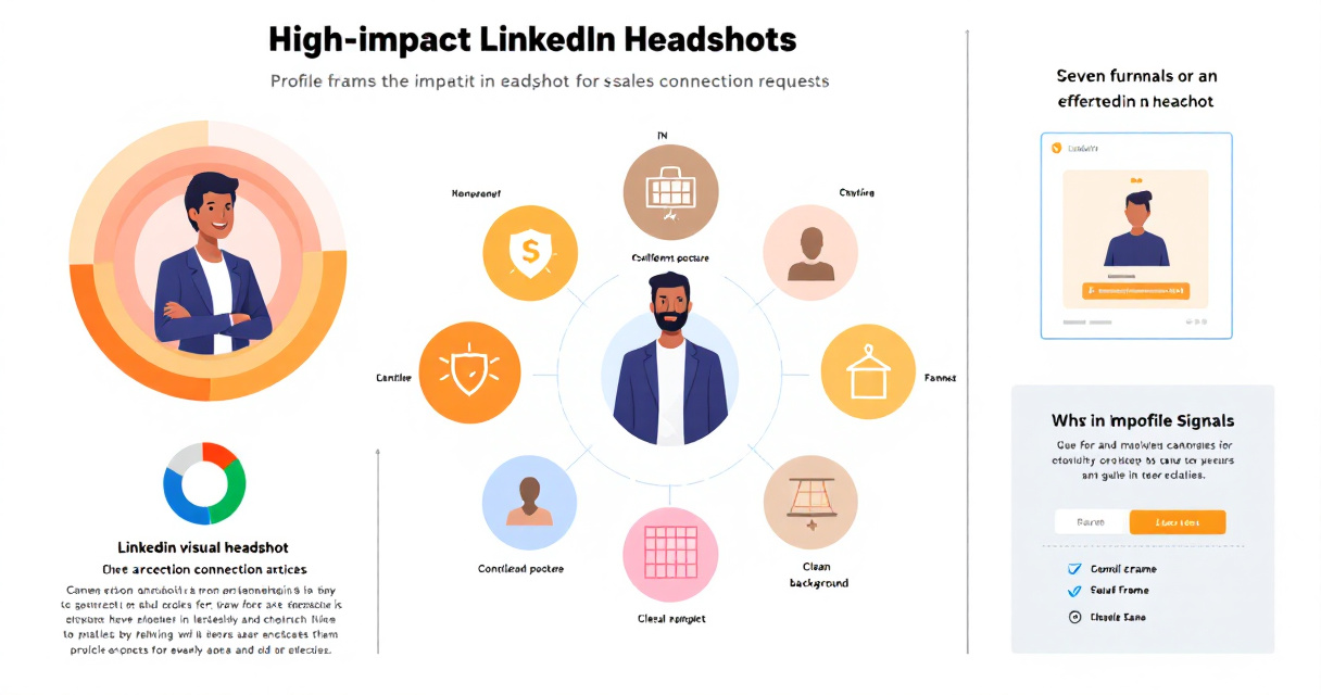 Modern infographic illustrating how LinkedIn headshots help sales professionals build trust, optimize profile photos, avoid mistakes, and use AI tools for personal branding.