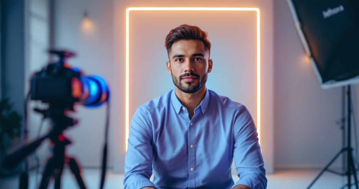 Professional sales headshot photography setup with studio lighting and indigo accent background
