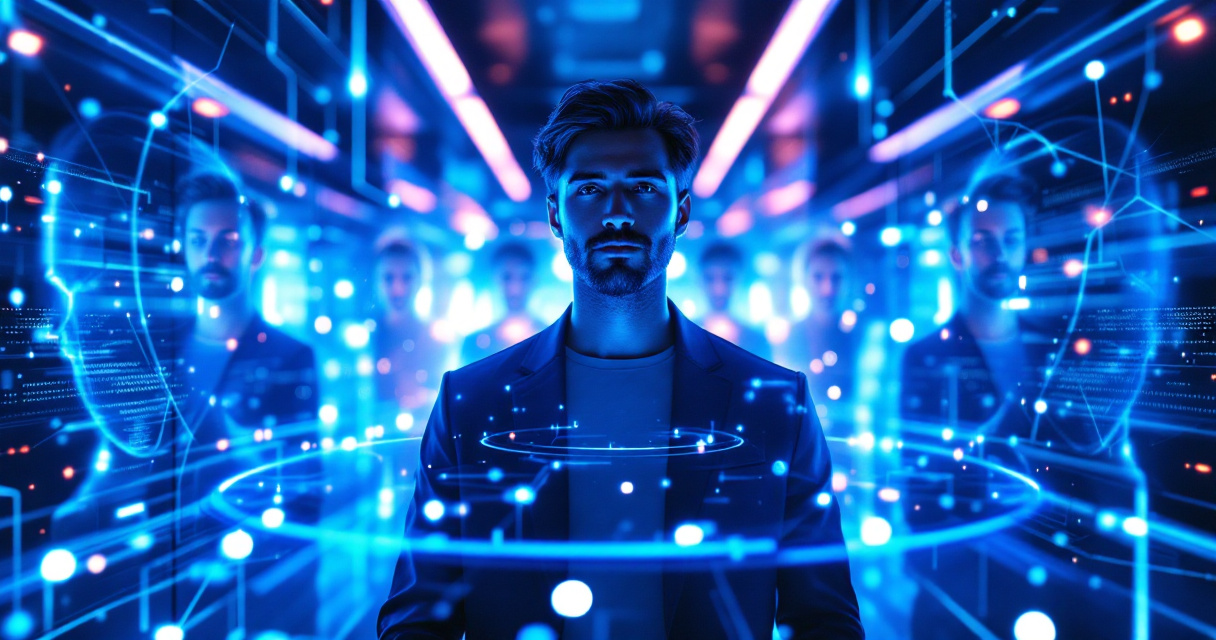 Futuristic AI system generating multiple professional headshot variations around a sales professional