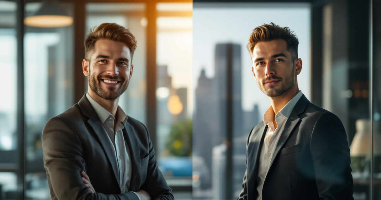 Contrasting professional and executive style sales representative headshots in cinematic corporate lighting