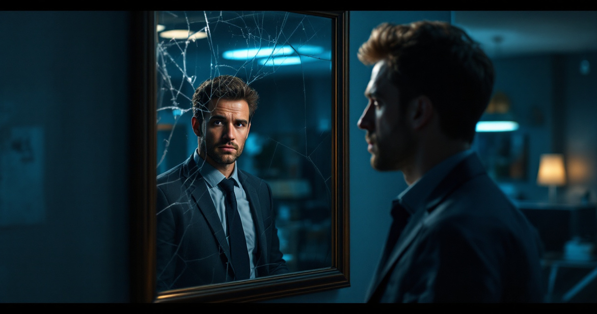 Symbolic scene showing distorted reflections representing common mistakes in sales LinkedIn profile photos