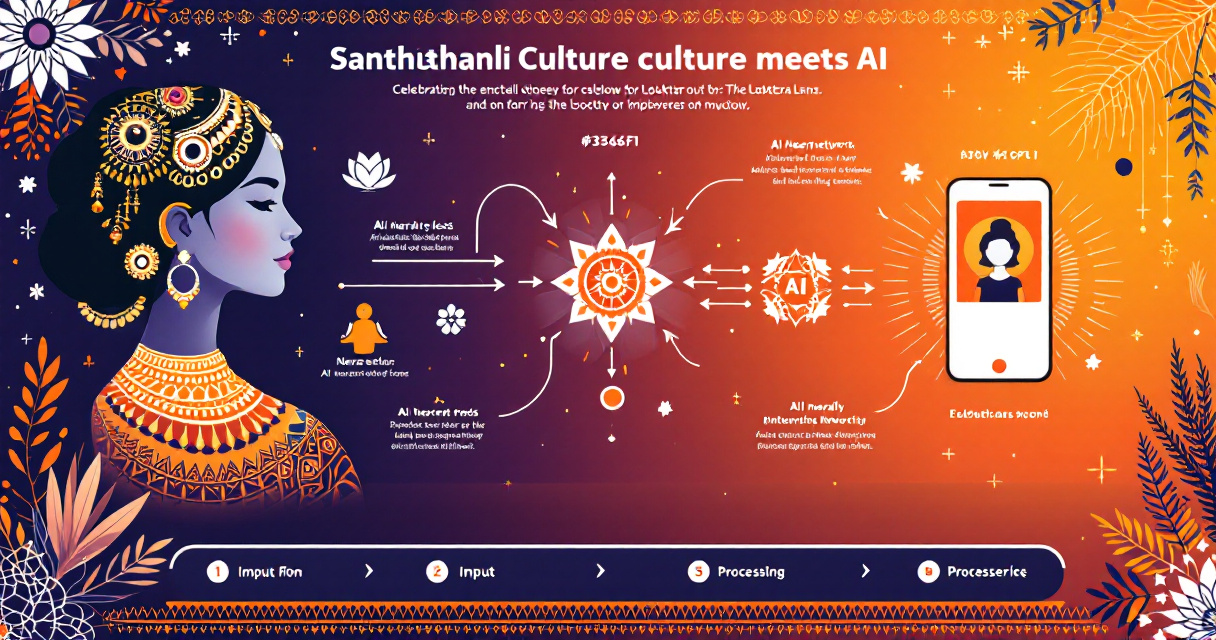 Infographic illustration showing Santhali traditional cultural elements like jewelry and tribal patterns connecting to AI technology icons in indigo and terracotta color scheme