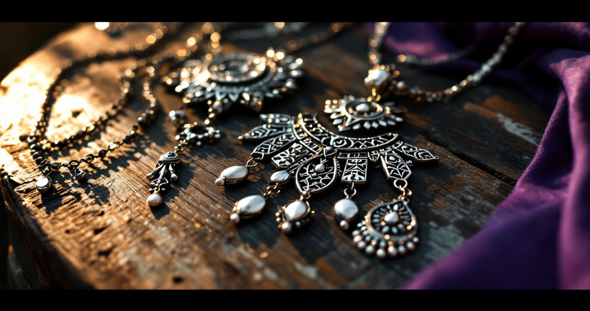 Traditional Santhali silver jewelry with geometric tribal patterns displayed on rustic wood surface