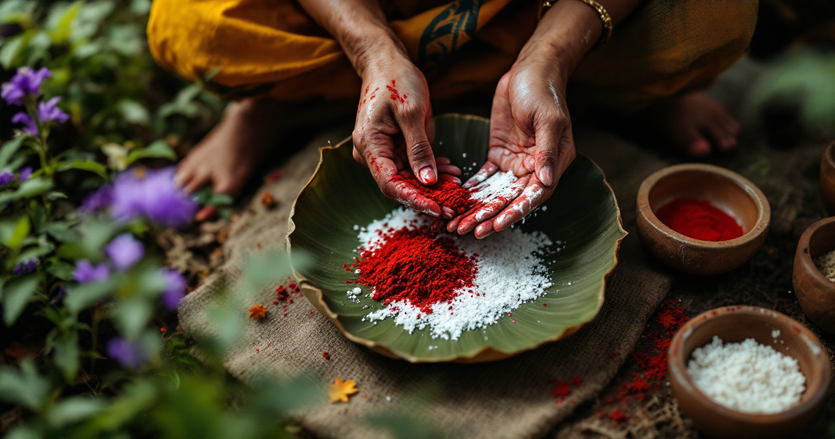 Hands preparing traditional Santhali ceremonial face decoration with natural pigments and ritual elements