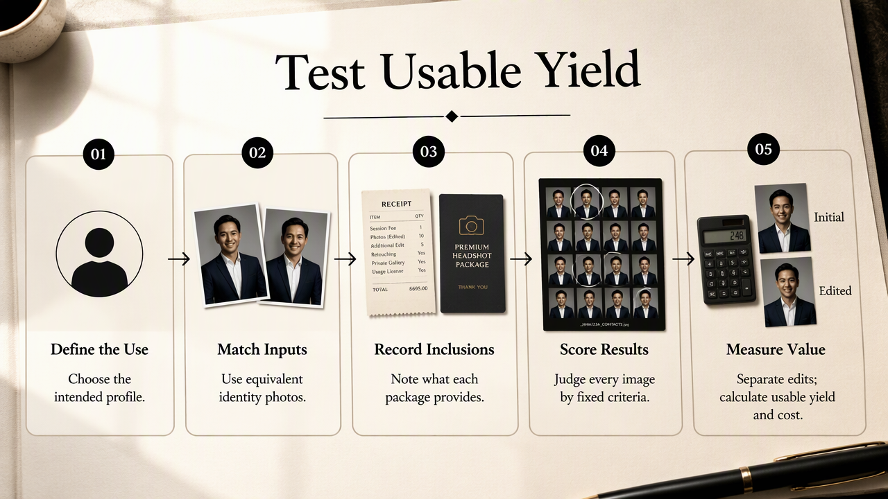 Five-step infographic for fairly comparing professional headshot usability, package inclusions, edited results, and cost.