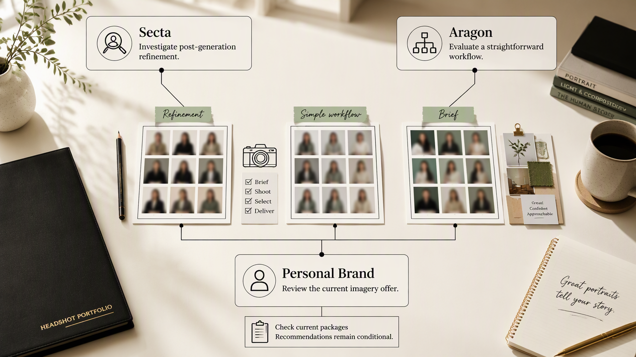 Annotated studio desk compares Secta refinement, Aragon simplicity, and personal-brand imagery as conditional workflow choices.