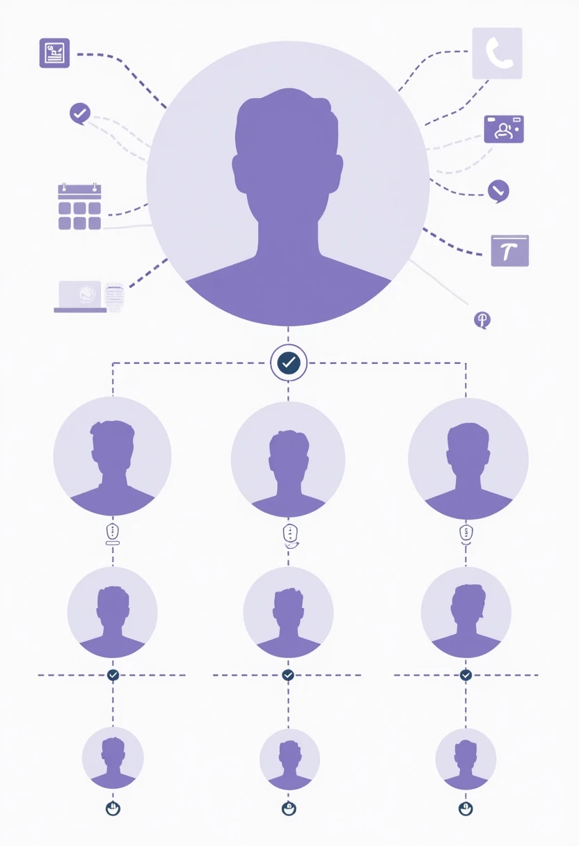 Infographic illustration showing social media profile photo dimensions with platform icons and measurement indicators in purple and white design