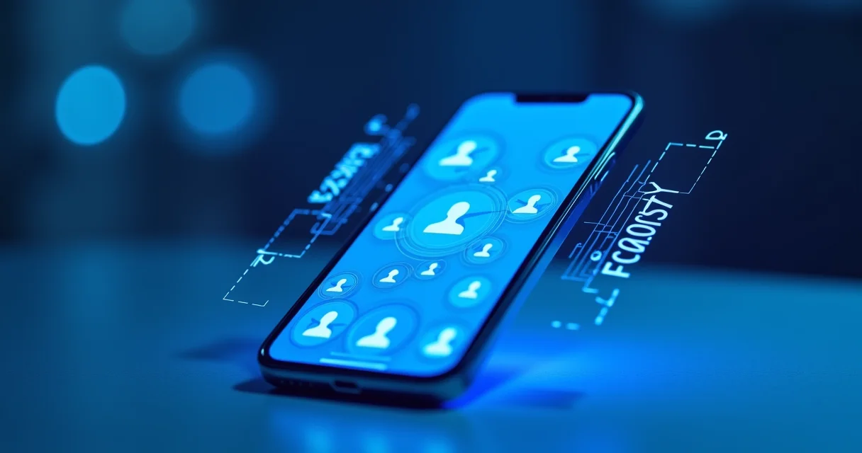 smartphone displaying Facebook profile photo dimensions with measurement guides and indigo accent lighting