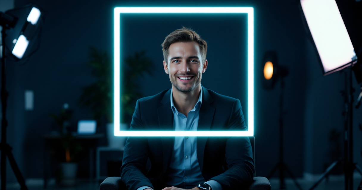Professional studio headshot with glowing square framing guide representing LinkedIn profile photo dimensions