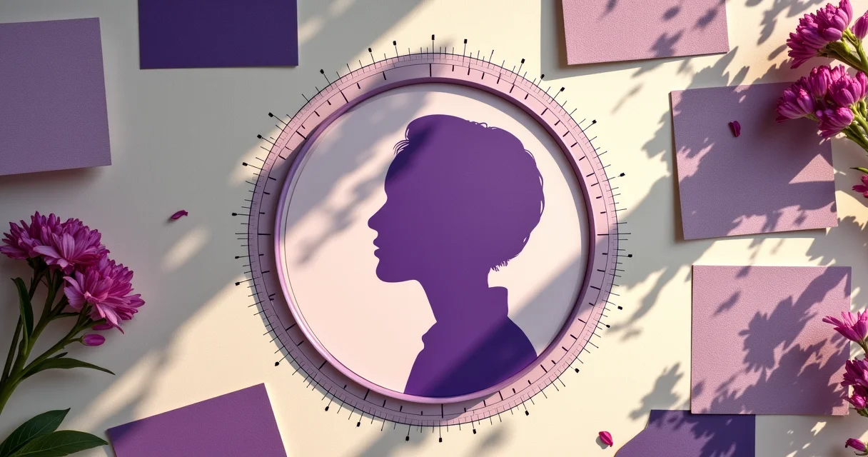 Pinterest-inspired mood board workspace showing circular profile photo frame with purple measurement overlays