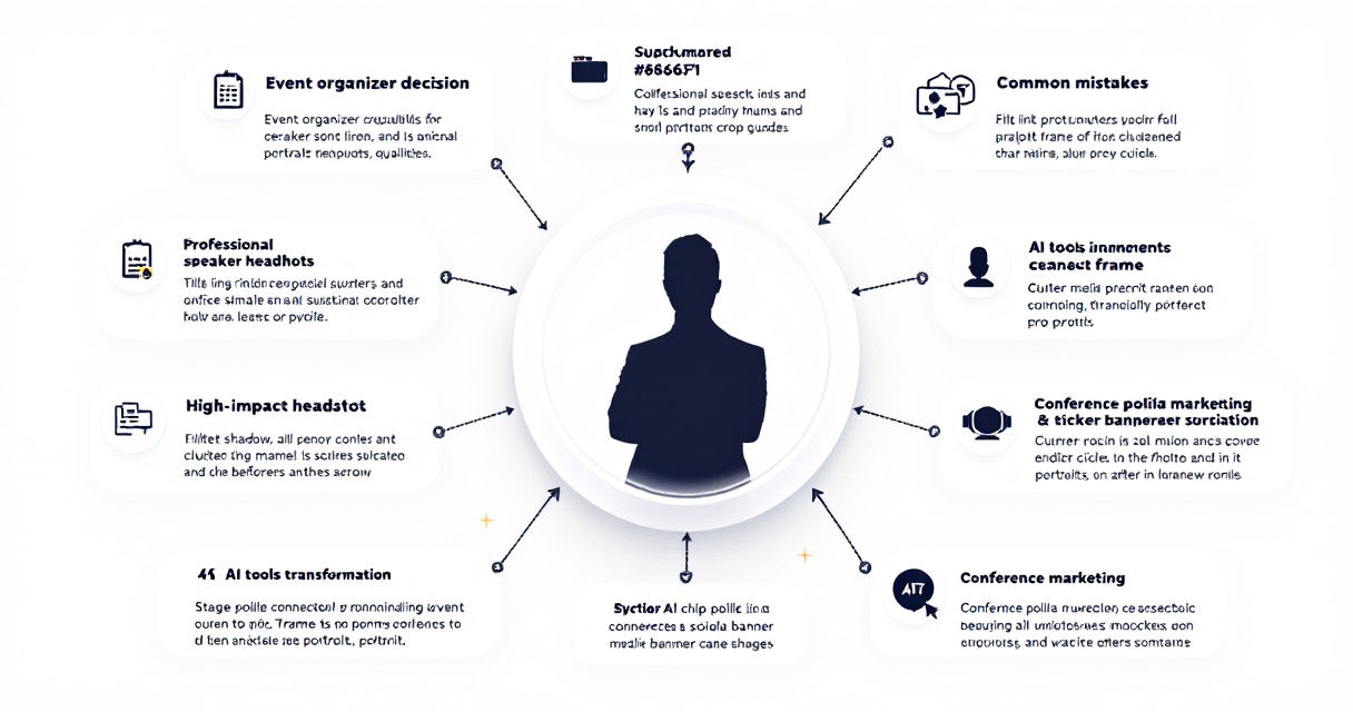 Infographic showing how professional speaker headshots influence conference bookings, including headshot quality, mistakes, AI tools, and future branding trends.
