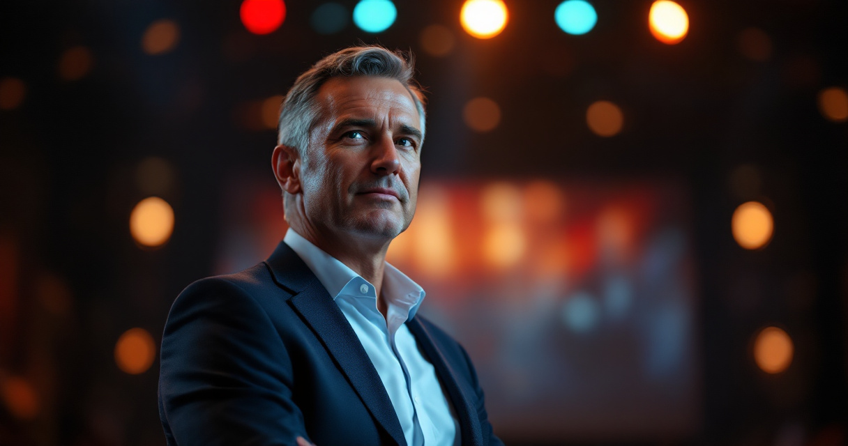 Confident keynote speaker portrait with cinematic lighting and conference stage background for professional branding