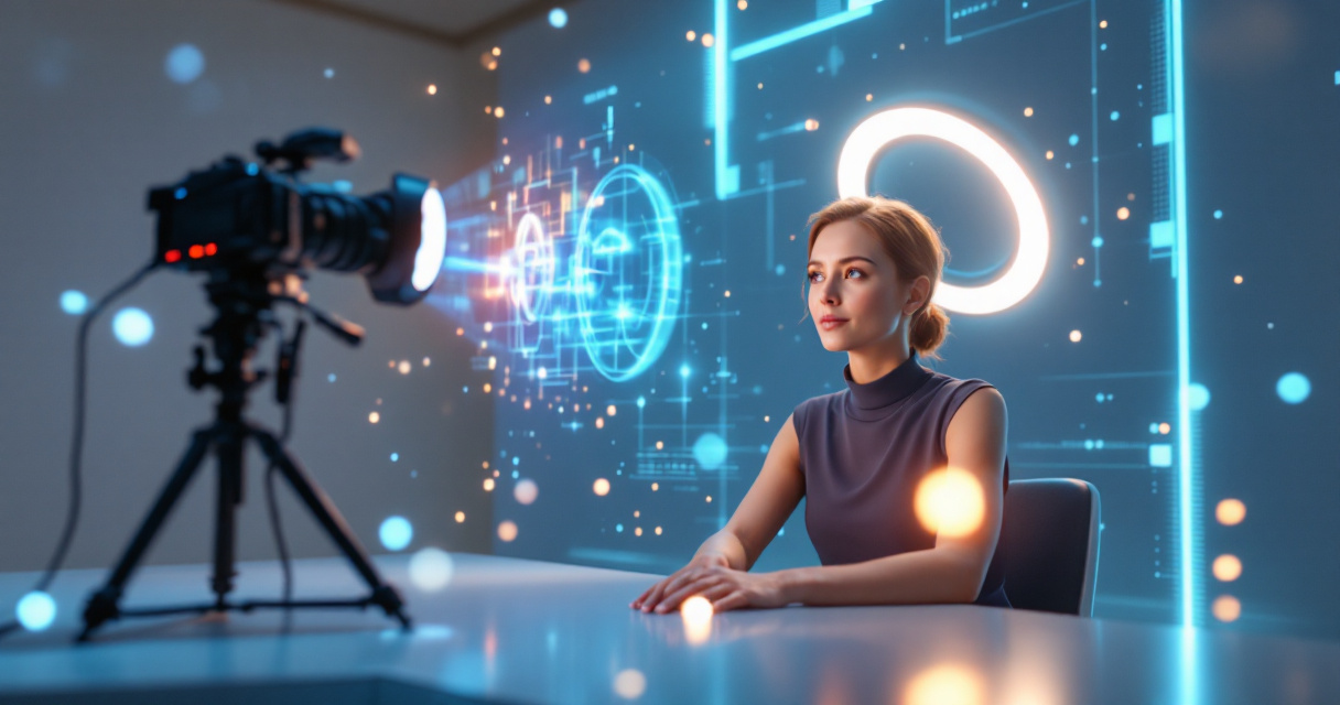 Futuristic AI-powered headshot creation studio with glowing lights and advanced camera technology