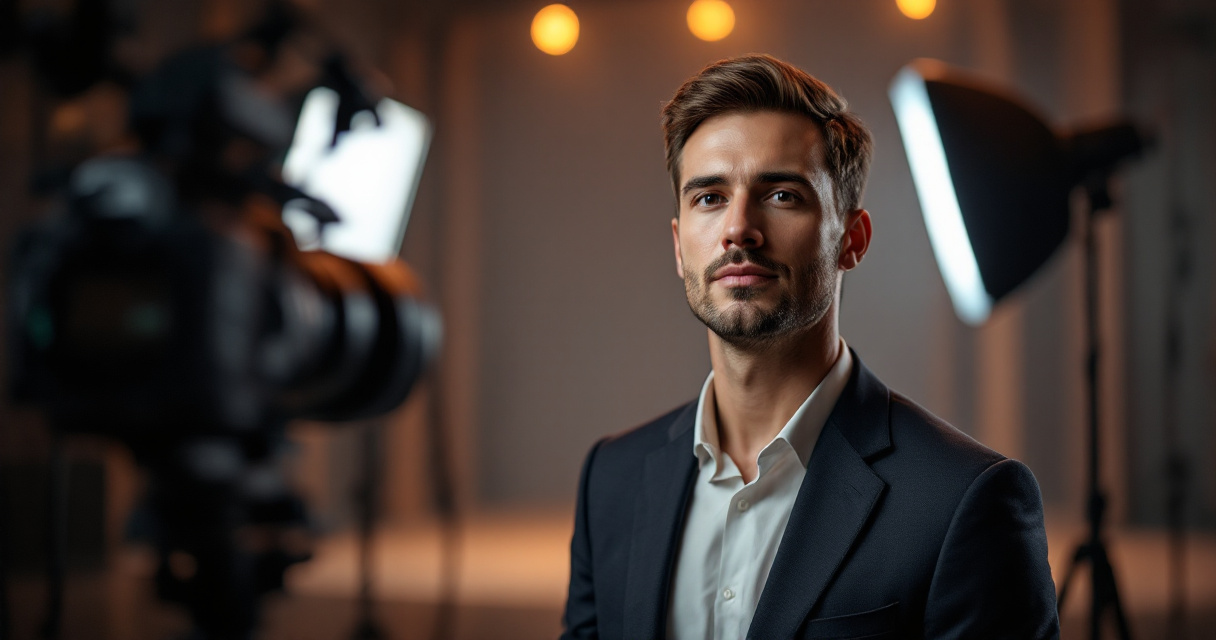 Professional keynote speaker headshot session with dramatic lighting and subtle indigo stage-inspired backdrop