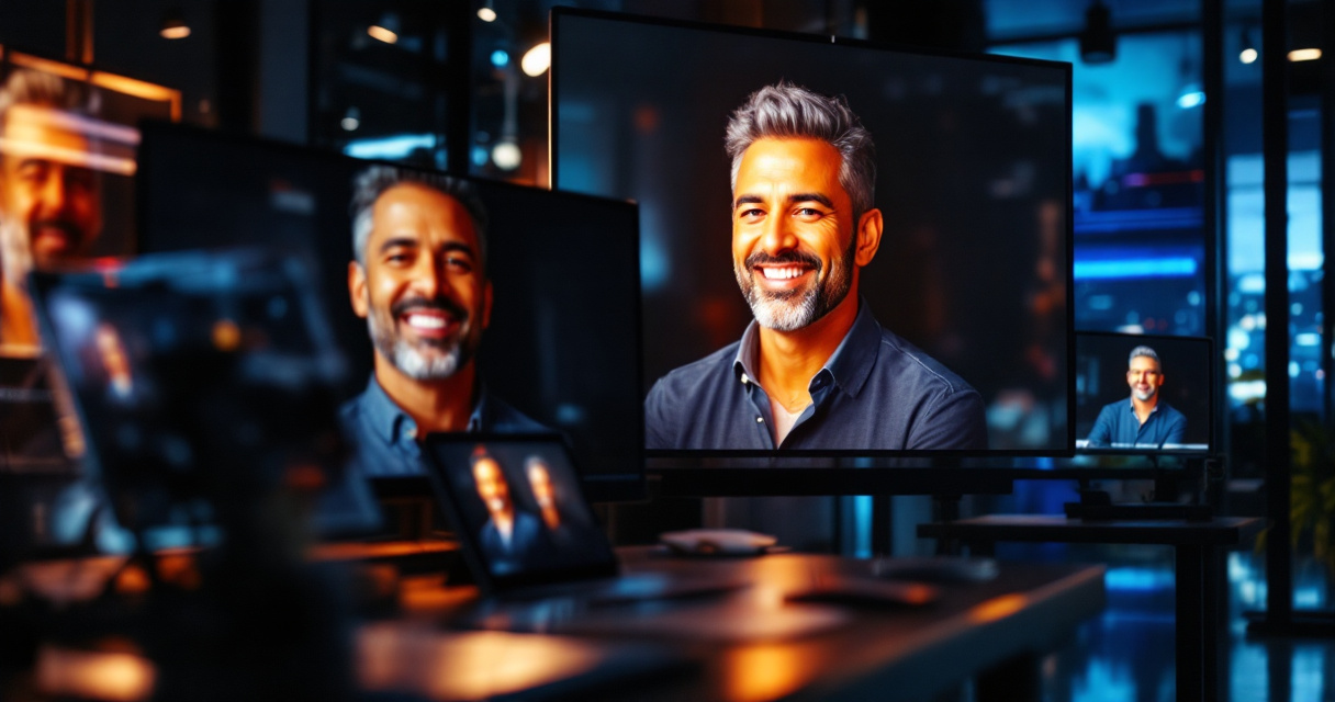 Speaker portrait displayed across devices and conference stage screens symbolizing personal brand reach
