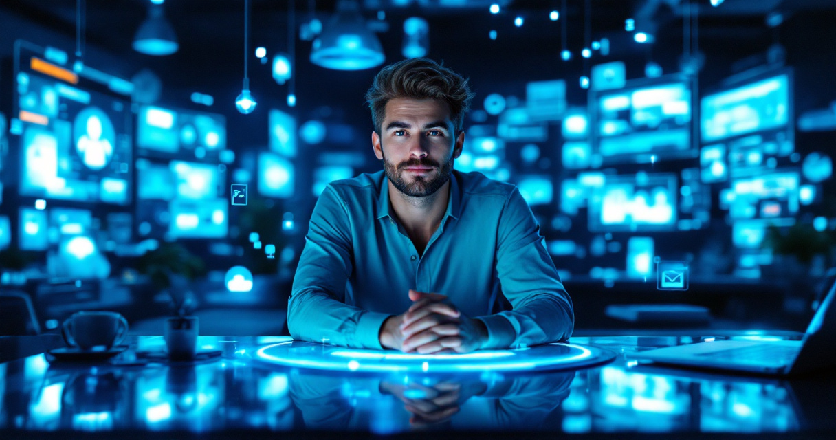 Founder headshot visualized across multiple modern marketing devices in a startup workspace