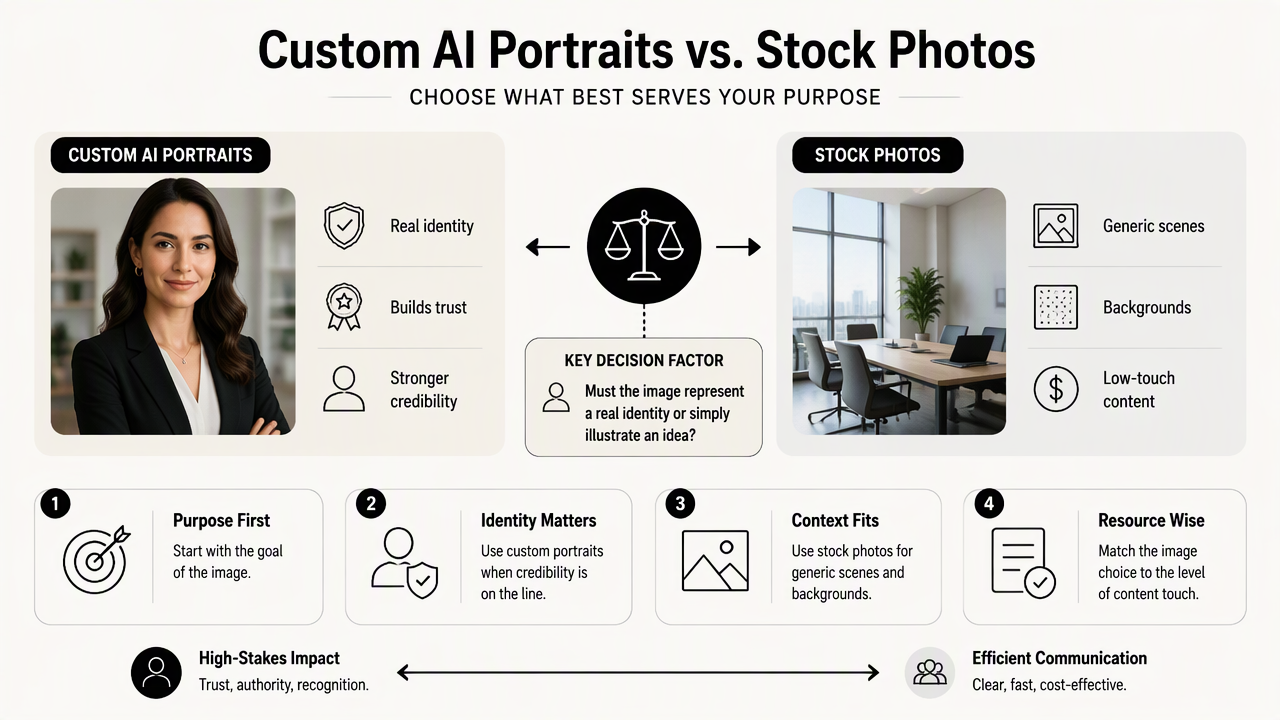 Illustration for Stock photos vs custom AI portraits: quick comparison